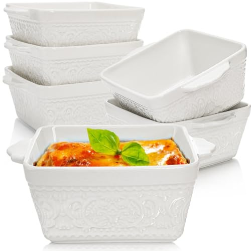 ELFULLY 6 Pack 13 OZ Ceramic Baking Dishes, 4.5 Mini Square Bakeware Set, Small Baking Pan with Handle, Individual Casserole Dish for Oven, Roasting, Lasagna, Pie, Gratin, Microwave Safe, White