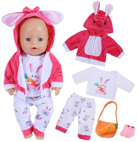 5 Stück Kleidung Outfits für 14-18 Zoll Baby Puppen, 30-43cm Baby Puppenkleidung Outfits 1 Oberteil Kaninchenprint 1 Kapuzenjacke 1 Hose 1 Tasche Karottenprint 1 Socken Geburtstagsgeschenk für Mädchen