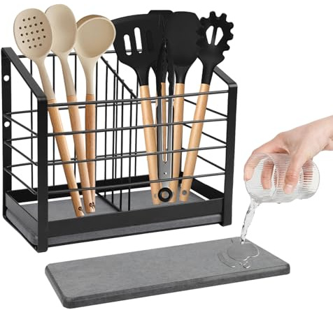 Organizador de Utensilios de Cocina con Base de Espuma de Diatomita Superabsorbente, Escurridor Cubiertos de Cocina Cesta para Cubiertos de Acero Inoxidable para Palillos Cuchara