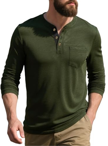 Henleyshirt Herren Slim Fit Pullover Langarmshirt Herren Baumwolle Komfortable Tshirts Basic Hemden mit Knopfleiste Freizeithemden V Neck Henley Shirt Vintage Sweatshirt Longsleeve Top(Armeegrün,XL)