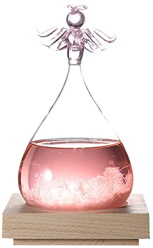Storm Glass Weather Predictor, Innovative Angel Shape Bottle with Temperature Change Detection Function with Wooden Base for Home Ornament (Pink)