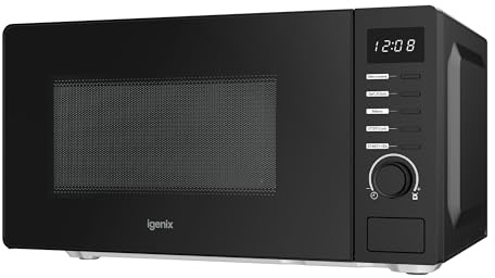 Igenix 20L 700W Black Digital Microwave – 8 Auto Cook Programmes, 5 Power Levels, Defrost Setting, 60-Min Timer, Push Button Door, 245mm Turntable – IGMS02070B