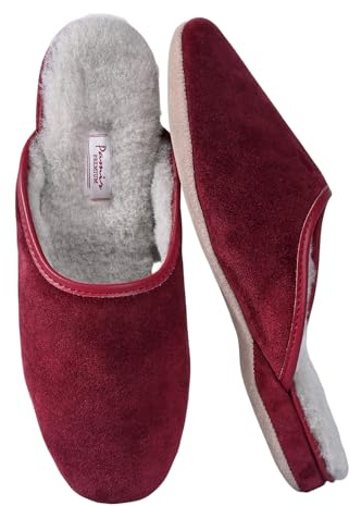 PAMIR Women's Sheepskin Scuff Slippers, Burgundy, US 8 M | Genuine suede upper, Silent soft suede outsole, Hand-turned, All-season indoor comfort for her