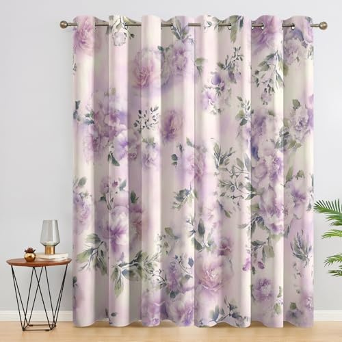 Generisch Lila Blumenmuster Vorhang Blickdicht 2er Set, H 175 x B 140, 95% Verdunklung, Floral Pflanzen Vorhänge für Wohnzimmer Schlafzimmer Deko, Thermo Fenster Gardinen mit Ösen OSE141
