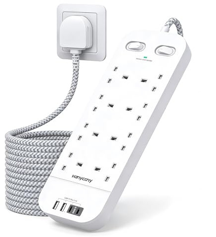 Extension Lead 5M, 8 Way Outlets Power Strip with 2 USB C & 2 USB A Slots | 1800J Surge Protection, 3250W 13A Double Switch Braided Cable, Wall Mountable Multi Plug Socket for Home Office UK Workplace