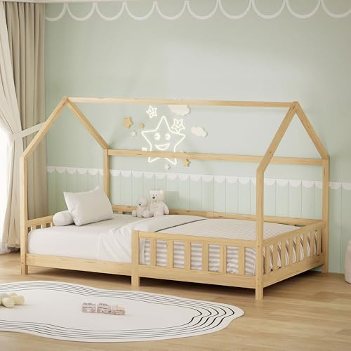 ML-Design Cama Infantil 120x200cm Natural, con Protección Anticaída, Techo y Somier, Estructura Listones de Madera de Maciza de Pino Lecho Doble Montessori Forma de Casa Mobiliario Juvenil, para Niños