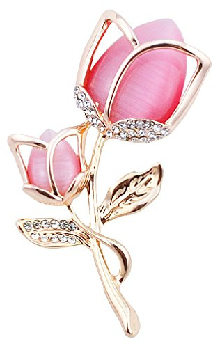 FENGJI Tulip Flowers Gold and Silver Plated Rhinestone Brooch Pin for Women Ladies Festival Gift (White,Hot Pink)