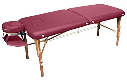 MASSUNDA – Mobile Montana Massageliege klappbar & höhenverstellbar – Stabiler Massagetisch aus Vollholz – Massagebank mit ergonomischer Kopfstütze, Armschlaufe & Nackenkissen (Burgund)