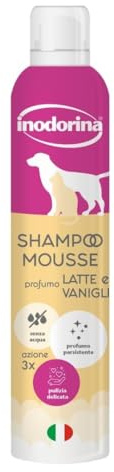 Inodorina Trockenshampoo für Hunde, Katzen & Welpen (300 ml, Milch & Vanille) – Mousse mit lindernder Reinigung, pH-neutral, ideal für häufiges Waschen