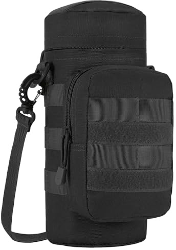 TsunNee Tactical Molle Water Bottle Pouch, Hydration Carrier Holder with Extra Accessory Pouch and Detachable Shoulder Strap for Military Sport Bike, Black