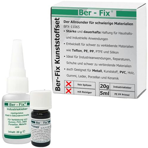 Ber-Fix Kunststoff Set M Set aus Industriekleber Ihr Neuer Sekundenkleber extra stark + Primer für PE PP PTFE HDPE Silikon mit Holz Metall ABS GFK Porzelan