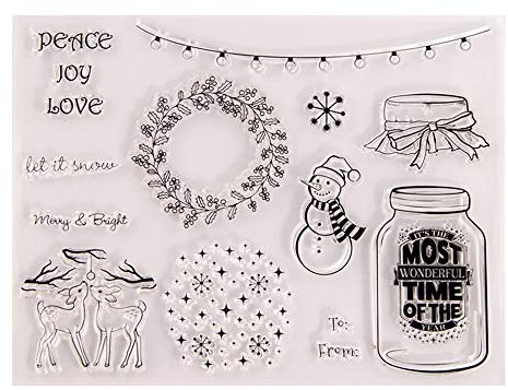 arriettycraft Transparente Stempel für Weihnachtskarten, Dekoration und Scrapbooking, Motiv: Frohe Weihnachten, Frieden, Blätter, Elch, Flasche, für Weihnachtskarten, Gummistempel für Bastelarbeiten