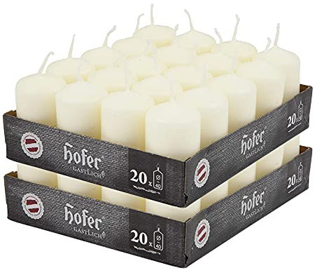 Hofer Stumpenkerzen - Elfenbein - 4 x 7 cm - Lange Brenndauer - 11 Stunden - Unparfümiert - Tropffreie - 40 Stück Kerzen