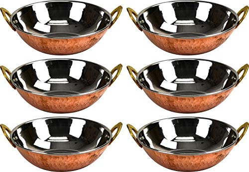 6X Premium Hammered Copper & Stainlees Steel Serving Balti Dish Bowl Wok with Brass Handles (13cm)