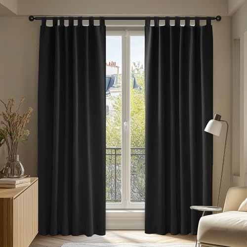Deconovo Verdunkelungsvorhänge Blickdicht gardinen mit Schlaufen Schlafzimmer Thermovorhänge Kälteschutz, 290x140 cm(HöhexBreite), Schwarz, 2er Set