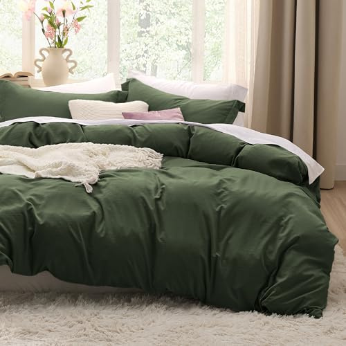 Bedsure Olive Green Duvet Cover Queen Size - 3 Pieces Prewashed Cotton-Like Polyester Extra Soft Bedding Set, Includes 1 Duvet Cover 90x90 Inches with Zipper Closure & 2 Pillow Shams, No Comforter