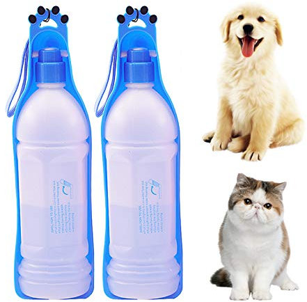 PJDDP Bouteille d'eau Portable pour Chien Voyage Feeder Distributeur d'eau pour La Marche avec Sangle Stand Up Extérieure, Timbale Bowl, L'épreuve des Fuites en Plastique sans BPA, 2PACK,Bleu