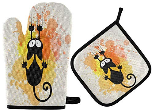 MNSRUU Lot de 2 maniques et maniques pour four - Motif chat - Résistant à la chaleur - Pour la cuisine, la cuisson, le barbecue et le barbecue