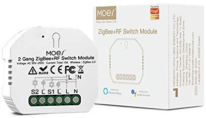 MOES Mini DIY Tuya ZigBee Smart Light Switch Module, Tuya Zigbee Hub Required, Smart Life/Tuya App, Wireless Remote Control, Alexa Google Home Voice Control, Needs Neutral Line 1/2 Way, 2 Gang