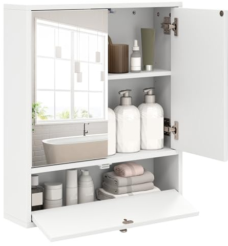 COSTWAY Bathroom Mirror Cabinet, Wall Mounted Storage Cupboard with Shelf, Home Kitchen Living Room Display Organiser Unit (Double Door + Compartment, White)