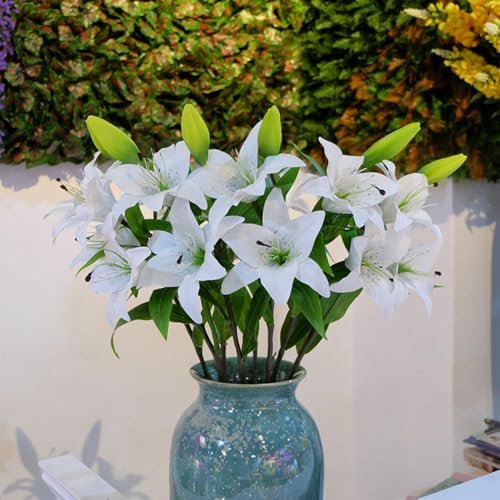XIYUAN Artificial Tiger Lily Bouquet Lilies Flower with Rods 4 Bundlesof 12 Flower Heads for Home Table Party Garden Shop Office Decoration Artificial Flower(White/30.7inch)