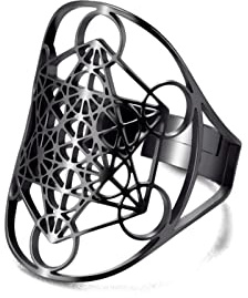 Amaxer Acier Inoxydable Metatrons Cube Anneau pour Femmes Archange Metatron Déclaration De Protection Évidé Femmes Bande Anneau Bijoux pour Dame (Noir)