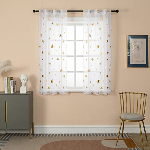 GIRASOLE HOME® Coppia Tende Voile Filtranti Fantasia Stelle Dorate Tenda Bianca per Interni con Tasca e Passanti Nascosti 2 Pannelli (Stelle Oro, 70x145cm)