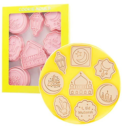 8 Pieces Eid Mubarak Cookie Cutters for Baking Cookie Cutter Stamp Cookie Mould Press Cute Cookie Mould Set Kitchen Tools Plastic Cookie Stamps (Eid Mubarak) Pink, Pink, multi size