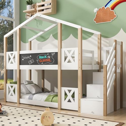 Kehun Etagenbett Kinderbett 90 x 200, Hausbett für 2 Kinder, Hochbett Holzbett mit Lattenrost und Schublade, Baumhaus Bett mit Rausfallschutz und Treppe, Weiß, Ohne Matratze