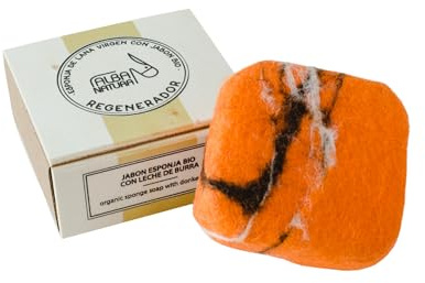 Alba Natura - Esponja de Lana Virgen con Jabón Suavizante - Jabón a Base de Naranja, Germen de Trigo y Leche de Burra - Antioxidante y Regenerador - Ideal para Todo Tipo de Pieles - 150g