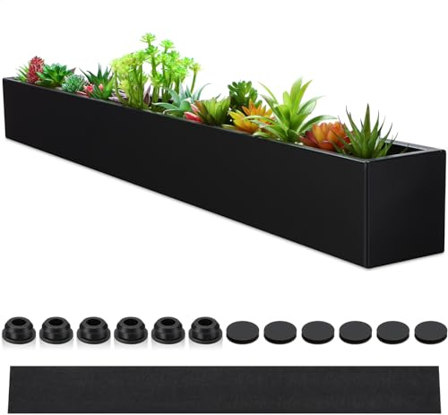 FillTouch Lange Rechteckige Pflanzbox für Fensterbank, Metall-Wassertrog, Innenbereich, Groß, Modernes Stahl-Design mit Drainagelöchern, Kräutergarten für Zuhause (32 x 3,5 x 3,5 cm, Schwarz)