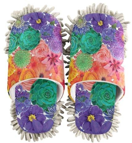 ZRWLUCKY Zapatillas de mopa de flores rústicas coloridas para limpieza de suelos, cocina, trapeador de polvo, lavables, pantuflas de casa, Granja de flores coloridas, Large