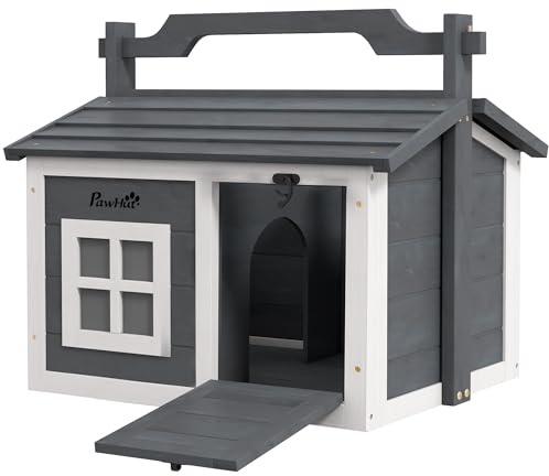 PawHut Rabbit Hutch Cat House Puppy House Guinea Pig Hutch Small Animal House Portable Wooden Indoor Outdoor with 2 Rooms Top Handle, Openable Roof - Grey
