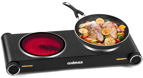 CUSIMAX kochplatte mit verdecktem Griff, 2400W doppelkochplatte mit 2 Thermostaten, Infrarot kochplatten 2er elektrisch tragbar für Küche, Büro oder Camping, Glaskeramik kochfeld und Edelstahlgehäuse