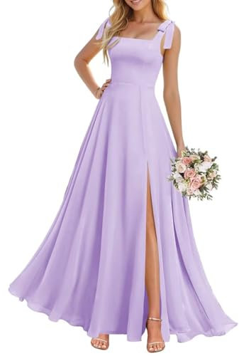 KURFACE Vestidos de dama de honor de gasa para mujer, con abertura, sin mangas, acampanado, formal, vestido de noche de boda, Lila, 46