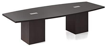 Moderner Konferenztisch in Bootsform mit Espresso-Finish, 3 m, quadratisch, würfelförmige Beine, Türen, Ösen, Rennstrecke, Sitzungssaal, Konferenzraum, Schreibtisch, Büro, Holz, 300 cm L x 129 cm B x