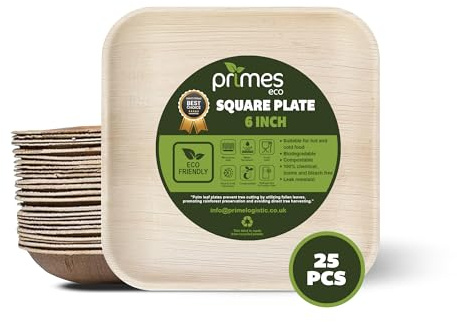 PRIMES ECO Lot de 25 petites assiettes carrées jetables en forme de feuille de palmier - Écologiques et biodégradables - Assiettes en bois sans produits chimiques - Assiettes pour bureau, fête,
