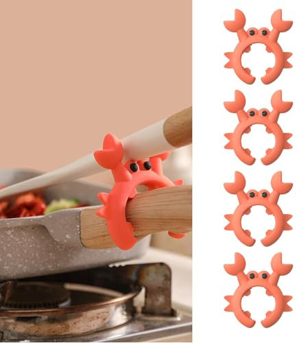 Bimhayuu Lot de 4 Repose Cuillère Cuisine, Support de Spatule en Forme de Crab, Porte Cuillere Cuisine Réglable en Silicone, Résistant à la Chaleur et Antidérapant (Rouge)