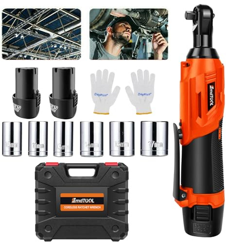 DayPlus Akku-Ratschenschlüssel 3/8, Akku-Ratsche 2300 RPM mit 2 x 12V 1.5Ah Li-Ionen-Batterien, Schnellladegerät, 7-Steckdosen für enge Räume Auto Motor Auto Reparatur, DIY, Orange