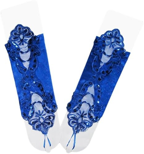 Blausky Satin Damen Lange Handschuhe,Braut-Handschuhe im Retro-Stil,Fingerlose Handschuhe,Satinhandschuhe mit Perlen und Pailletten,für Opera Fest Party Hochzeit Karneval,30 cm,Dunkelblau