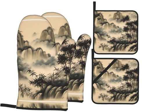 Chinesische Bemalung von Bambus-Ofenhandschuhen und Topflappen, Grillhandschuhe und Halter zum Kochen, Backen (4-teiliges Set)