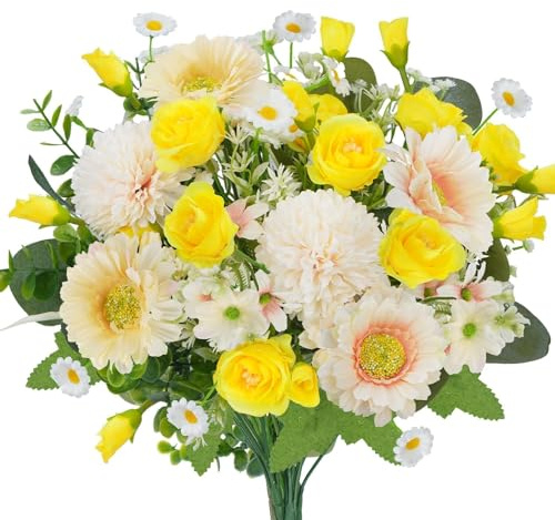Zythrem Artificial Yellow Roses Flowers Silk Mix Chrysanthemums Daisies Bouquet Faux Spring Bouquet for Wedding Party Table Home Kitchen Garden, Grave Flowers Outdoor and Indoor
