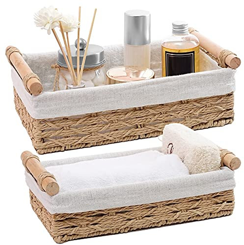 Nvzi Round Paper Rope Storage Basket, Wicker Baskets for Organizing with Handle, Decorative Bins for Countertop, Toilet Paper Basket for Toilet Tank Top, Small Baskets Set 11.8*7.8*3.9inche (Beige)