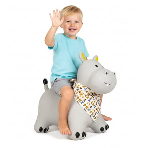 Curvaso Animal Bouncy Hopper with Pump for Kids Inflatable Ride-On Toy, Indoor & Outdoor, Horace the Hippo