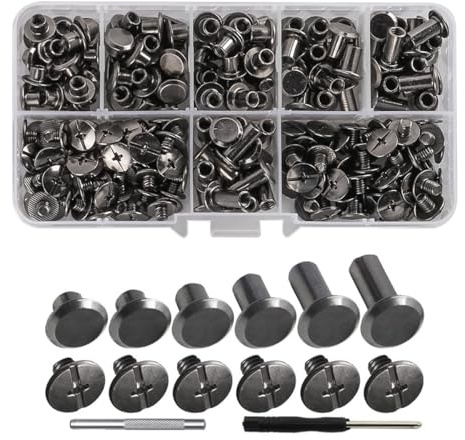 Tiardey 110 Stück Chicago-Schrauben, 4 5 6 8 10 12 mm, Buchbinderschrauben, Nieten, Chicago-Knöpfe für Heimwerker-Lederdekoration, Taschen, Kunsthandwerk, Halsbänder, Gürtel, Bücher, hell (schwarz)