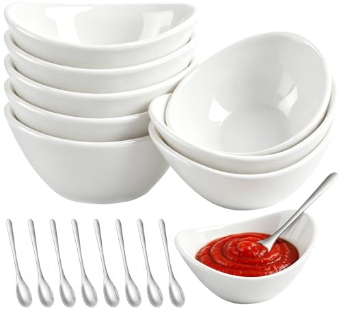 Ferenando Dipschalen Weiß Porzellan mit Löffel, 60ml Dip Schalen Set von 8, Kleine Schälchen für Dips, Dip Schälchen Keramik Oval für Sushi, Sojasauce, Snack, Saucen, Spülmaschinen- & Mikrowellenfest