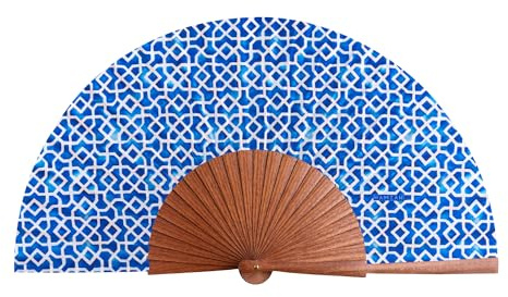 Abanico Español de Seda y Madera – Plegable 23 cm Hecho a Mano en España, Incluye Caja y Funda de Terciopelo - Hamzah (Alcazaba Azul)