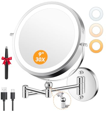 Auxmir 9 Specchio Trucco con Ingrandimento 30X/1X Altezza Regolabile, Specchio da Parete Estensibile a 54 LED 3 Colori di Luce, Rotazione a 360°, Batterie Ricaricabile 5000mAh, per Bagno Hotel Spa