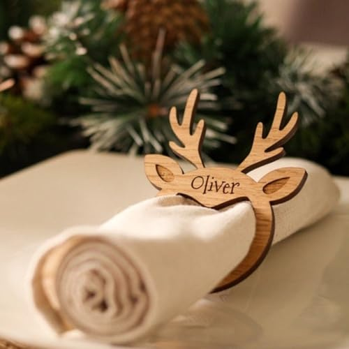 Personalisierte Weihnachtsserviettenringe aus Holz, Rentier, graviert, Platznamenhalter, Tischdekoration, für Weihnachten, Urlaub, Hochzeit, Zuhause, Ornamente, Tischzubehör (4 Stück)