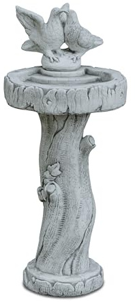gartendekoparadies.de Vogeltränke mit Taubenpaar, 91 cm hoch, Steinguss Baumstamm-Design, 2,5 Liter, Frostfest, Grau